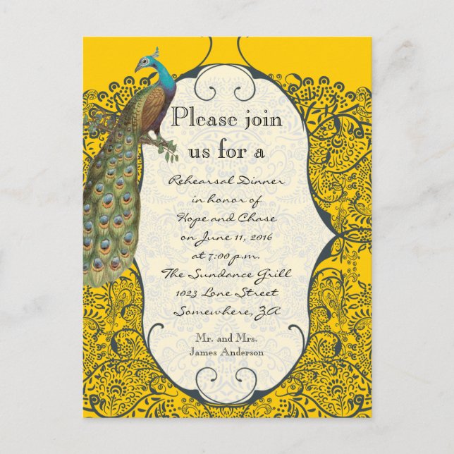 Navy Love Bird Damask Rehearsal Dinner Invitations (Front)
