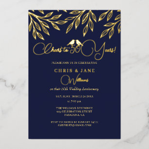Navy Love Birds 50th Wedding Anniversary  Foil Invitation