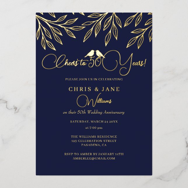Navy Love Birds 50th Wedding Anniversary  Foil Invitation (Front)