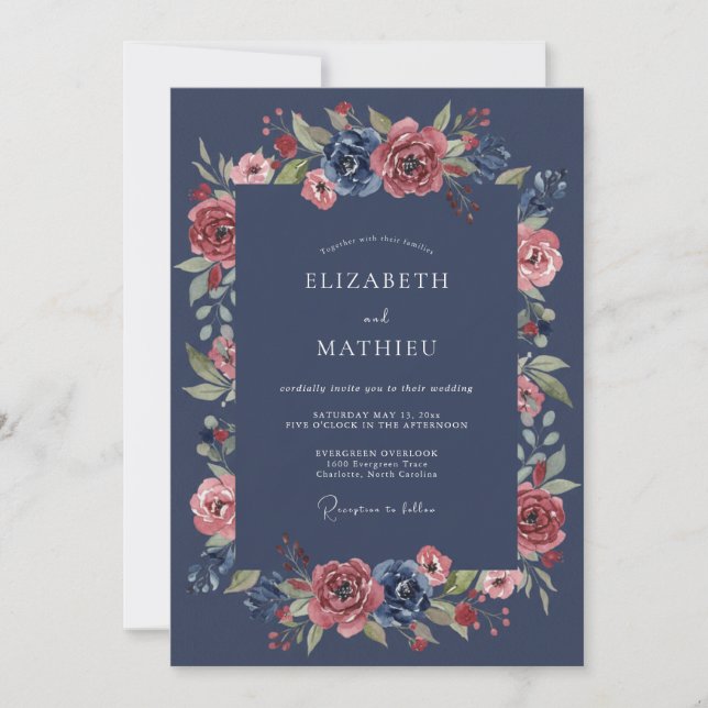 Navy Lush Floral Romantic Wedding Invitation (Front)