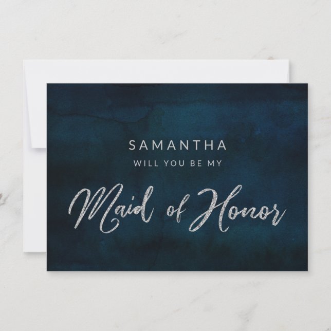 Navy Luster Blue Be My Maid of Honor Proposal Card (Front)