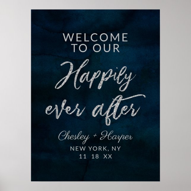 Navy Luster Blue Happily Ever After Reception Sign (Front)