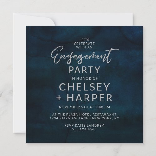 Navy Luster Blue Lets Celebrate Engagement Party Invitation