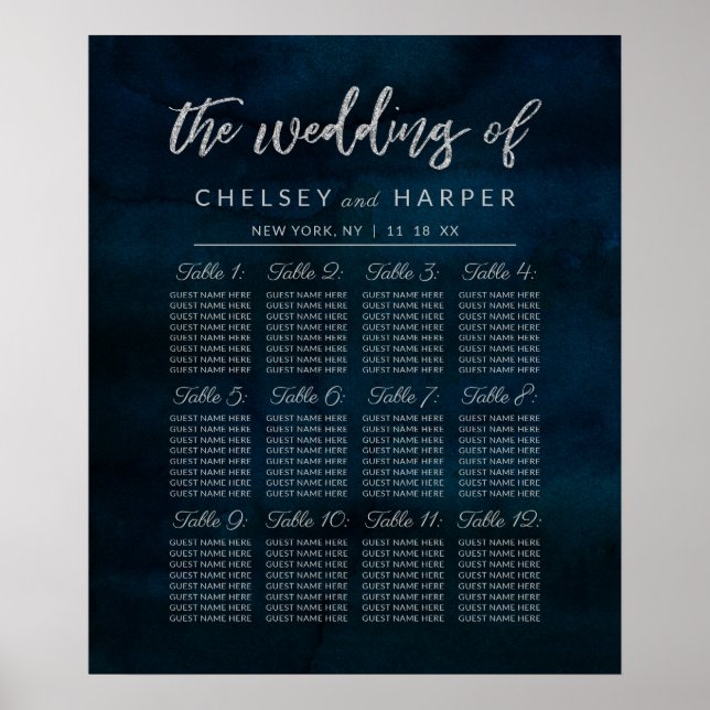 Navy Luster Blue Wedding Table Seating Chart (Front)