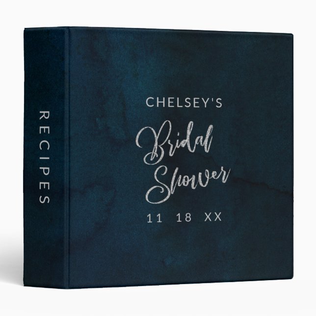 Navy Luster Dark Blue Bridal Shower Recipe Card 3 Ring Binder (Front/Spine)