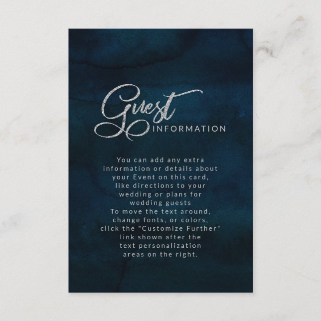 Navy Luster Dark Blue Elegant Wedding Information Enclosure Card (Front)