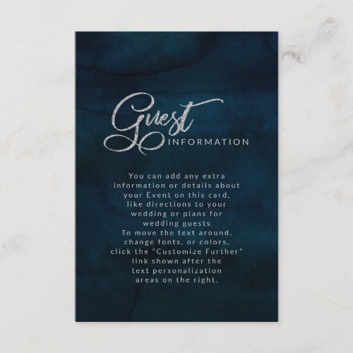 Navy Luster Dark Blue Elegant Wedding Information Enclosure Card