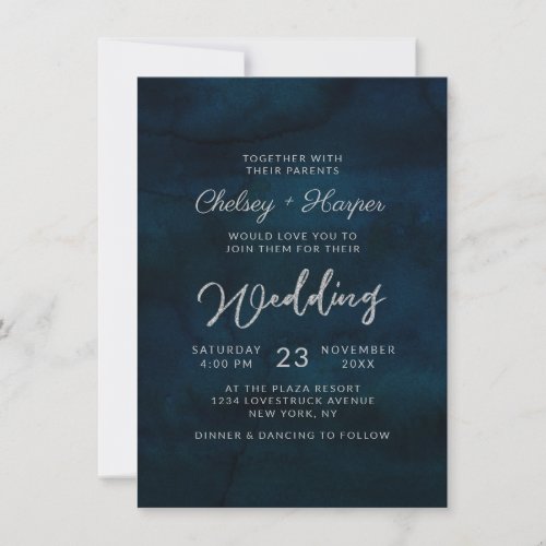 Navy Luster Dark Blue Minimal Monogram Wedding Invitation