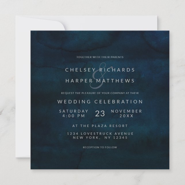 Navy Luster Dark Blue Minimal Wedding Square Invitation (Front)
