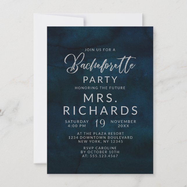 Navy Luster Dark Blue Silver Bachelorette Party Invitation (Front)