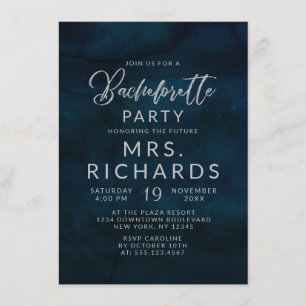 Navy Luster Dark Blue Silver Bachelorette Party Invitation