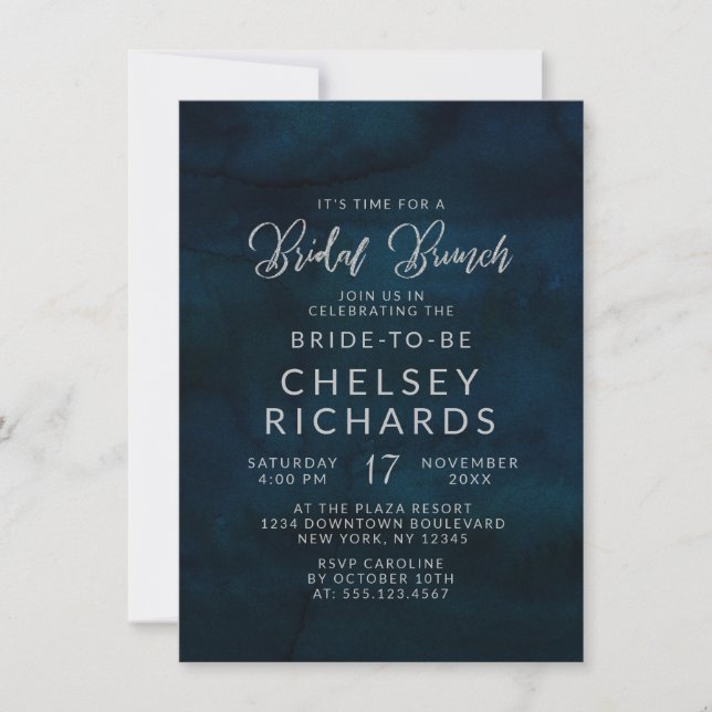 Navy Luster Dark Blue Silver Bridal Brunch Shower Invitation (Front)
