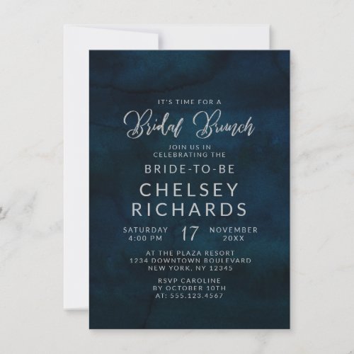 Navy Luster Dark Blue Silver Bridal Brunch Shower Invitation