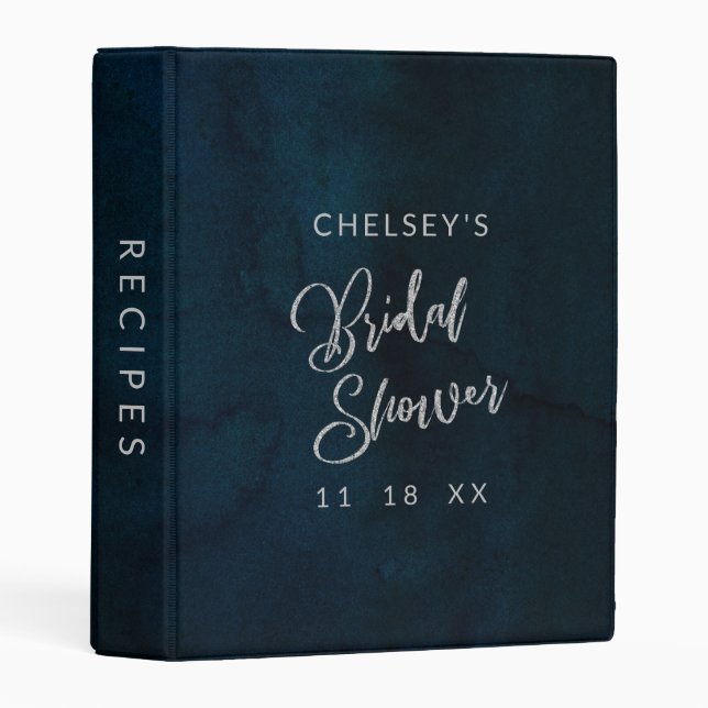 Navy Luster Dark Blue Silver Bridal Shower Recipe Mini Binder (Front/Spine)