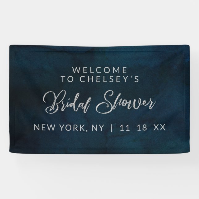 Navy Luster Dark Blue Silver Bridal Shower Welcome Banner (Horizontal)