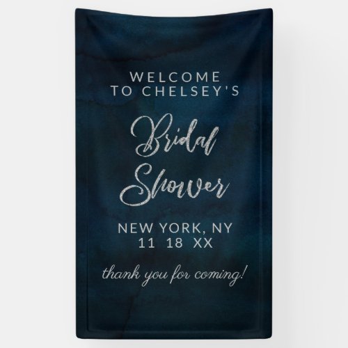 Navy Luster Dark Blue Silver Bridal Shower Welcome Banner