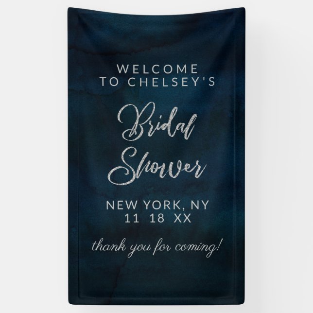 Navy Luster Dark Blue Silver Bridal Shower Welcome Banner (Vertical)