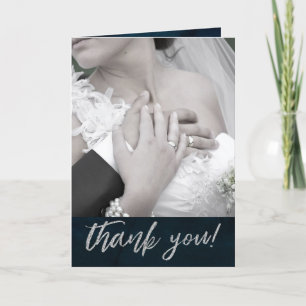 Navy Luster Dark Blue Silver Custom Wedding Photo Letterpress Thank You Card