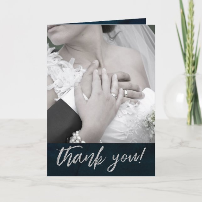 Navy Luster Dark Blue Silver Custom Wedding Photo Thank You Card (Front)