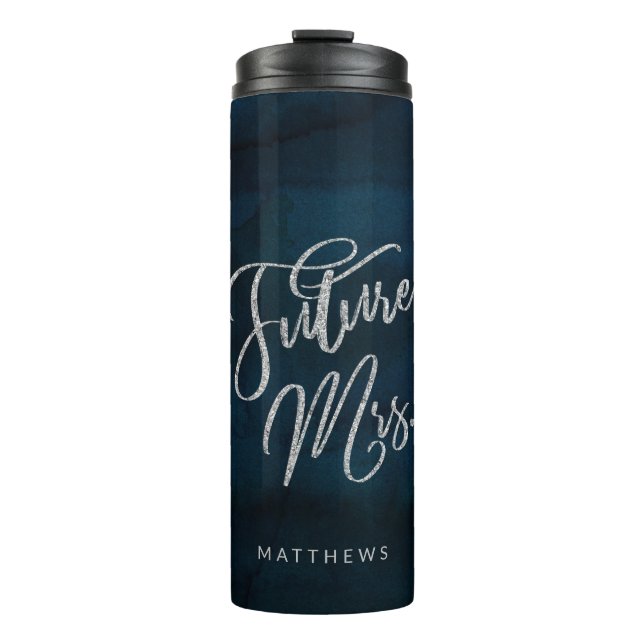 Navy Luster Dark Blue Silver Monogram Future Mrs. Thermal Tumbler (Front)