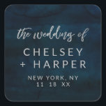Navy Luster Dark Blue Silver Monogram Wedding Square Sticker<br><div class="desc">Navy Luster Dark Blue Watercolor Design,  with Silver Sparkle Typography,  and beautiful watercolour background texture. With Modern Chic Script Fonts. A trendy & Luxurious style - Personalized Wedding Monogram Name Stickers!

 ~ Check my shop to see the entire wedding suite for this design!</div>