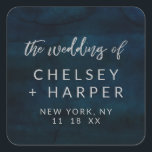 Navy Luster Dark Blue Silver Monogram Wedding Square Sticker<br><div class="desc">Navy Luster Dark Blue Watercolor Design,  with Silver Sparkle Typography,  and beautiful watercolour background texture. With Modern Chic Script Fonts. A trendy & Luxurious style - Personalized Wedding Monogram Name Stickers!

 ~ Check my shop to see the entire wedding suite for this design!</div>