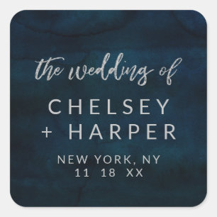 Navy Luster Dark Blue Silver Monogram Wedding Square Sticker