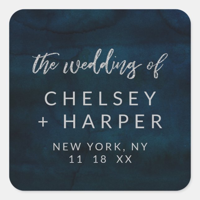 Navy Luster Dark Blue Silver Monogram Wedding Square Sticker (Front)