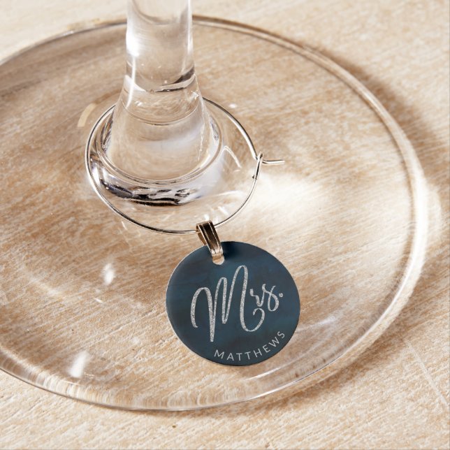 Navy Luster Dark Blue Silver Personalized Mrs. Wine Charm (In Situ)