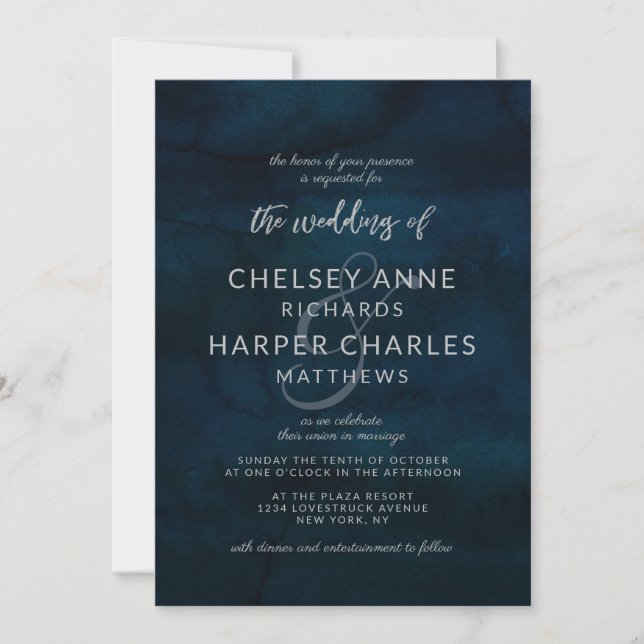 Navy Luster Dark Blue Silver Simple Modern Wedding Invitation (Front)