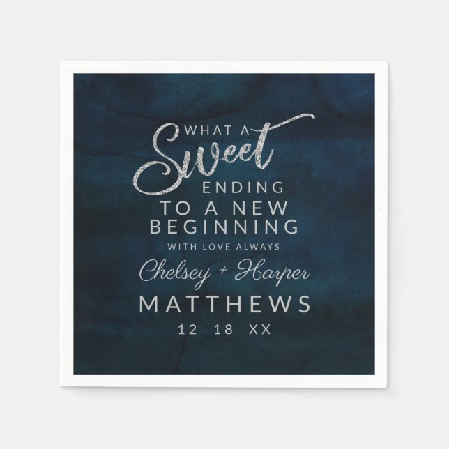 Navy Luster Dark Blue Silver Sweet Ending Napkins (Front)