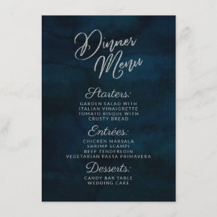 Navy Luster Dark Blue Silver Watercolor Dinner Menu