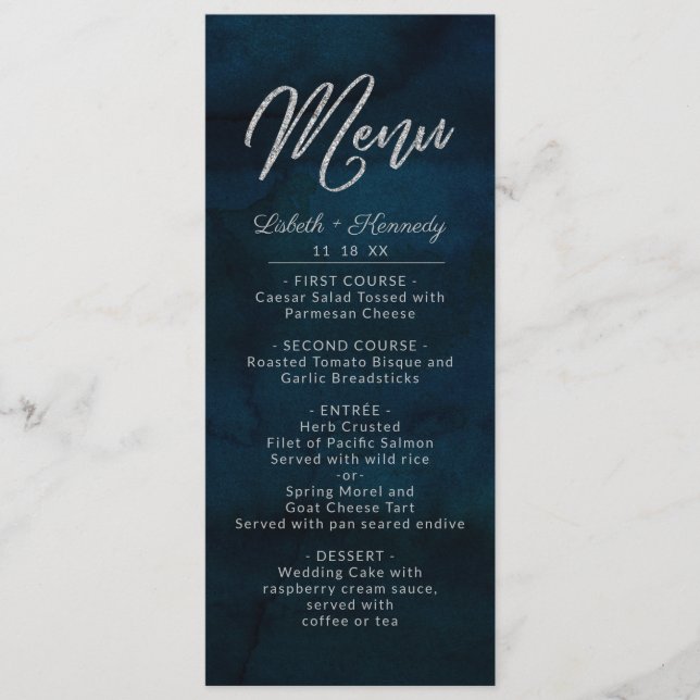 Navy Luster Dark Blue Silver Watercolor Dinner Menu (Front)