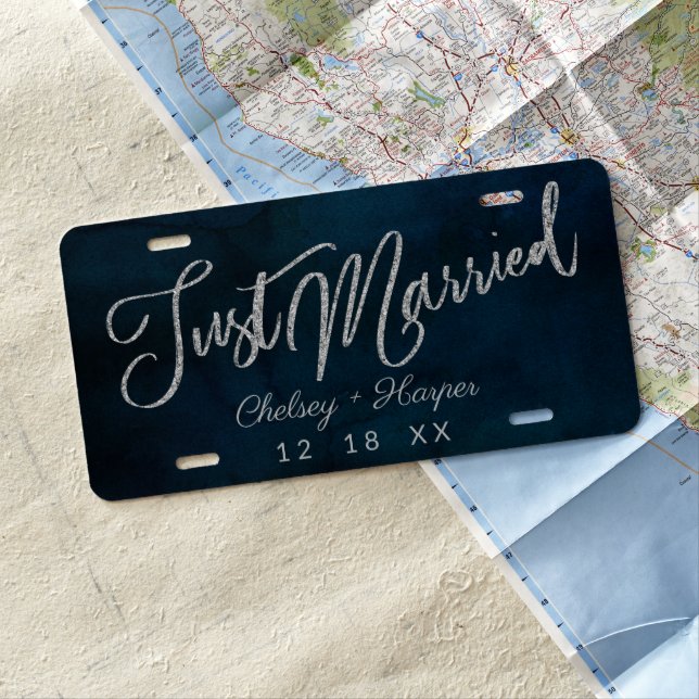 Navy Luster Dark Blue Silver Wedding Just Married License Plate (In Situ)