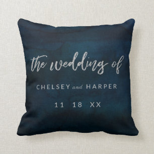 Navy Luster Dark Blue Silver Wedding Monogram Throw Pillow