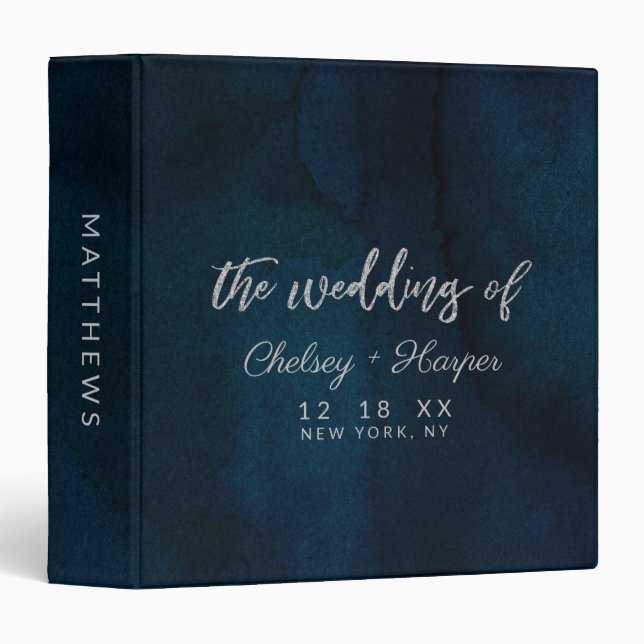 Navy Luster Dark Blue Silver Wedding Photo Album 3 Ring Binder (Front/Spine)