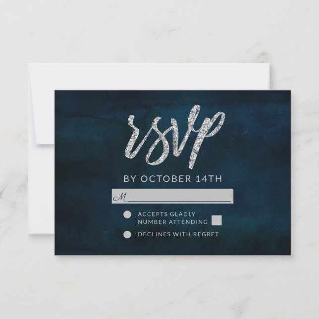 Navy Luster Dark Blue Silver Wedding RSVP Response (Front)