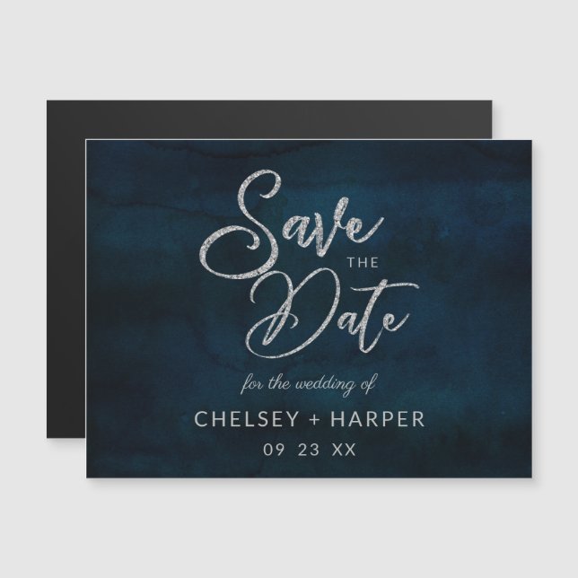 Navy Luster Dark Blue Silver Wedding Save the Date (Front/Back)
