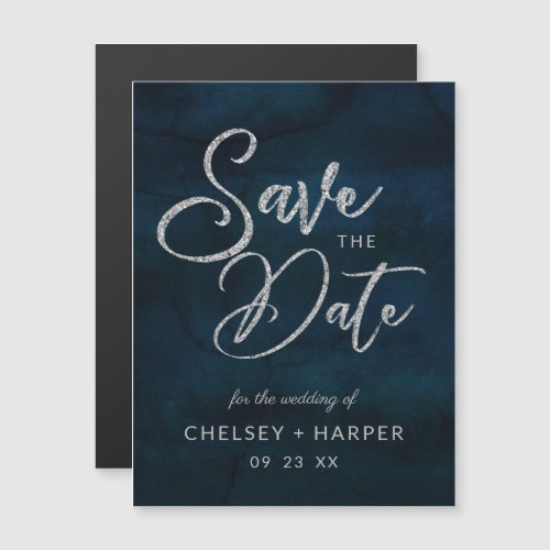 Navy Luster Dark Blue Silver Wedding Save the Date Magnetic Invitation