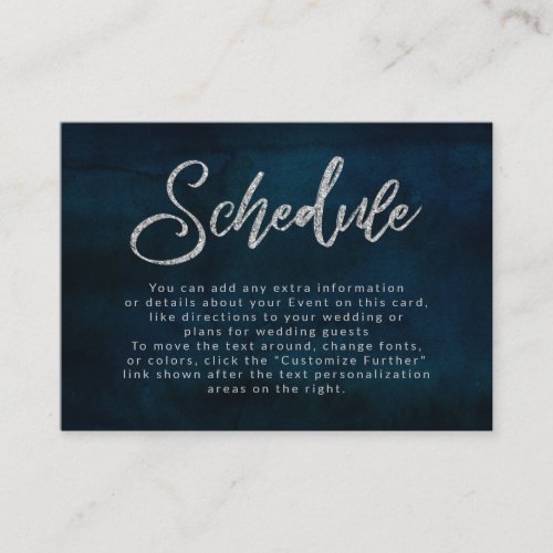 Navy Luster Dark Blue Silver Wedding Schedule Enclosure Card