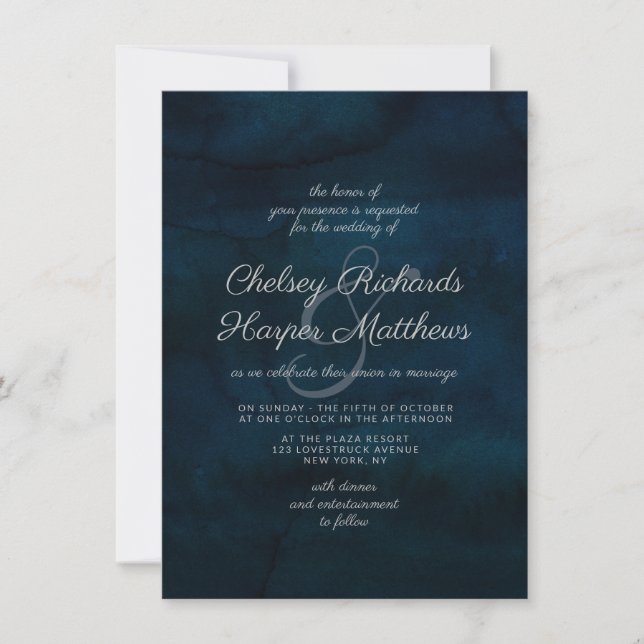 Navy Luster Dark Blue Watercolor Elegant Wedding Invitation (Front)