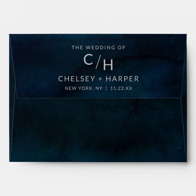Navy Luster Dark Blue Watercolor Monogram Wedding Envelope (Back (Top Flap))