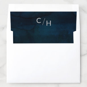 Navy Luster Dark Blue Watercolor Monogram Wedding Envelope Liner