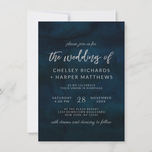 Navy Luster Dark Blue Watercolor Silver Wedding Invitation (Front)