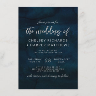 Navy Luster Dark Blue Watercolor Silver Wedding Invitation