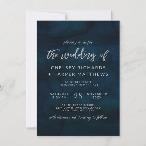 Navy Luster Dark Blue Watercolor Silver Wedding Invitation