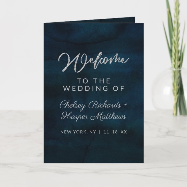 Navy Luster Dark Blue Watercolor Wedding Ceremony Program (Front)