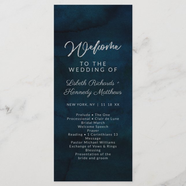 Navy Luster Dark Blue Watercolor Wedding Ceremony Program (Front)