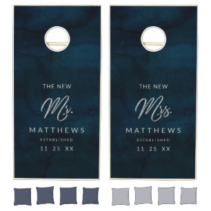 Navy Luster Dark Blue Watercolor Wedding Mr & Mrs Cornhole Set
