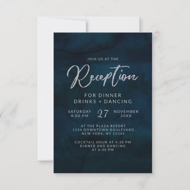 Navy Luster Dark Blue Watercolor Wedding Reception Invitation (Front)